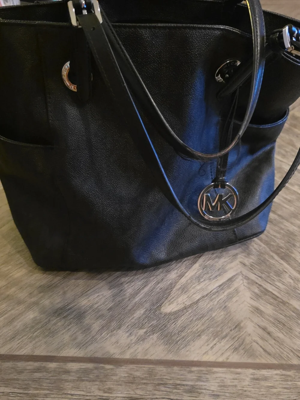 Michael Kors Black Pebbled Leather Tote with MK Logo Charm